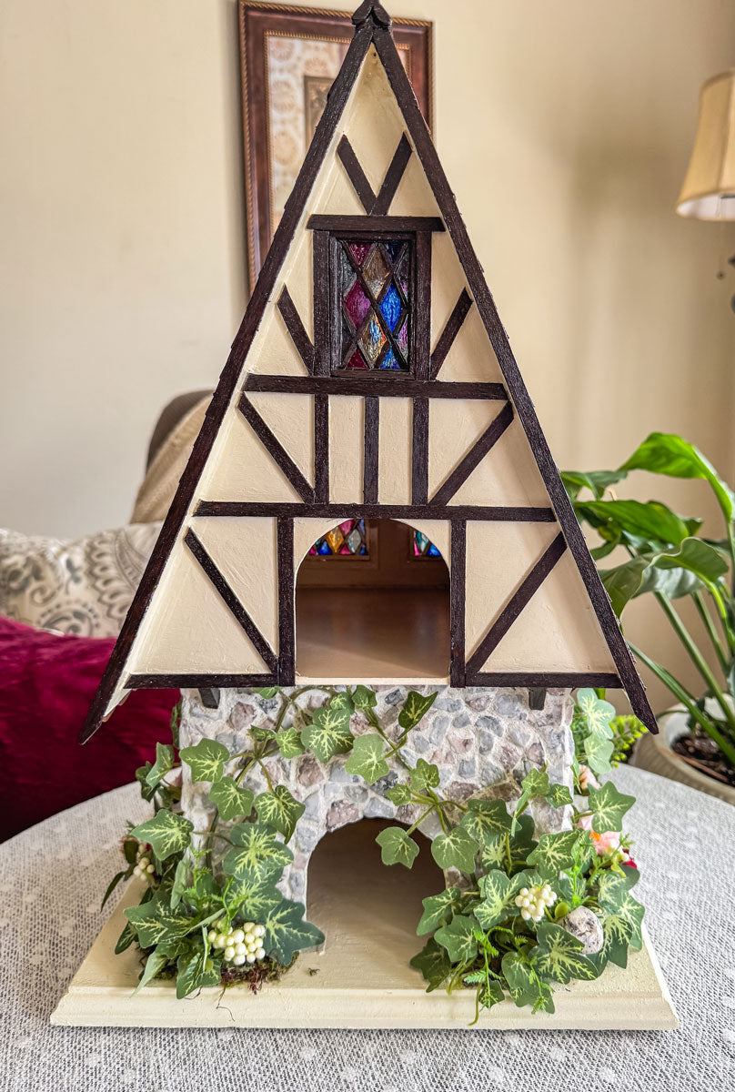 Handcrafted half-timbered wood and stone fairy house