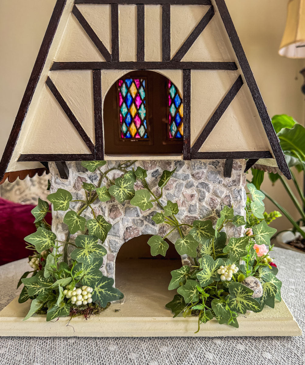 Handcrafted half-timbered wood and stone fairy house