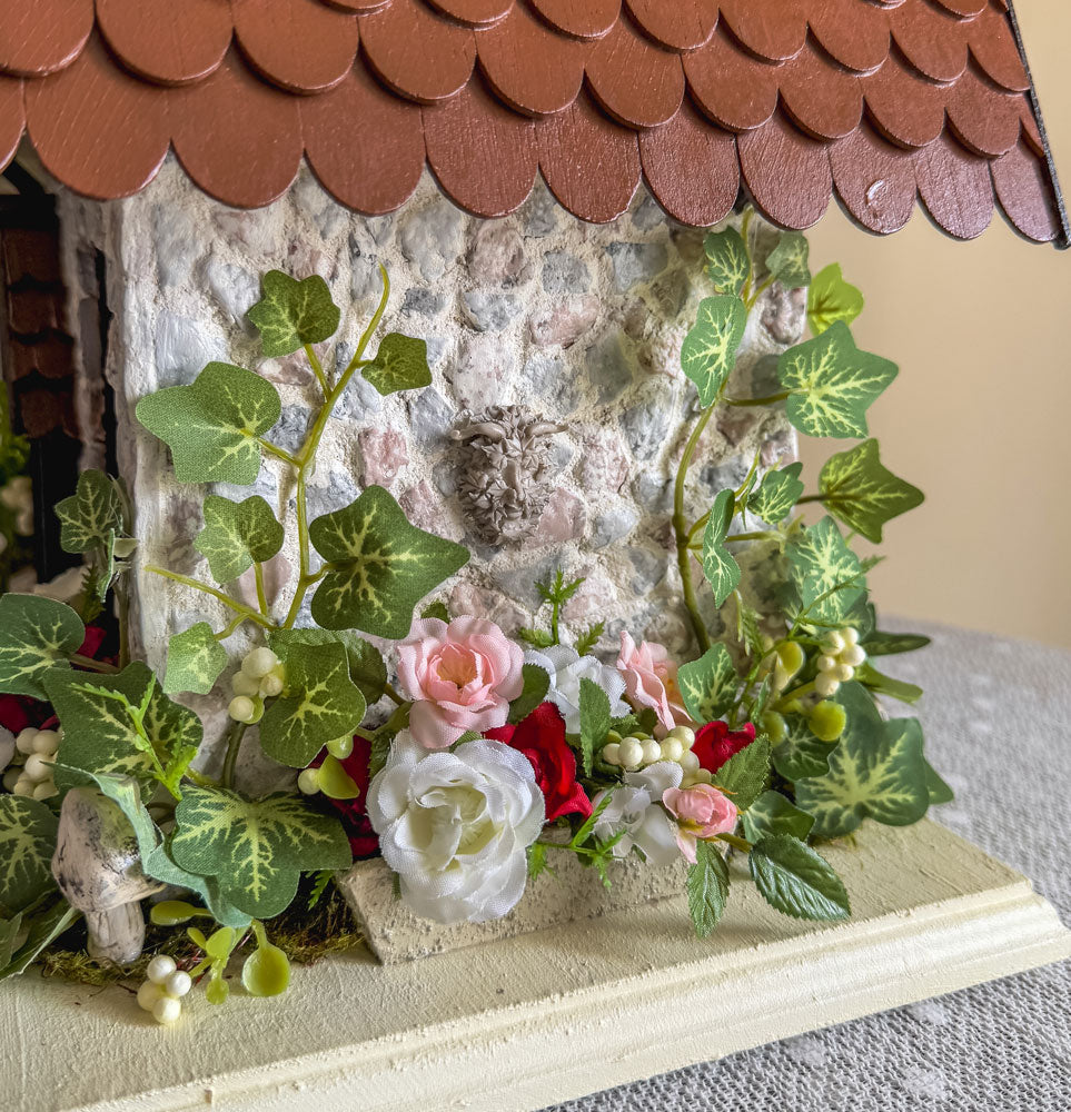 Handcrafted half-timbered wood and stone fairy house