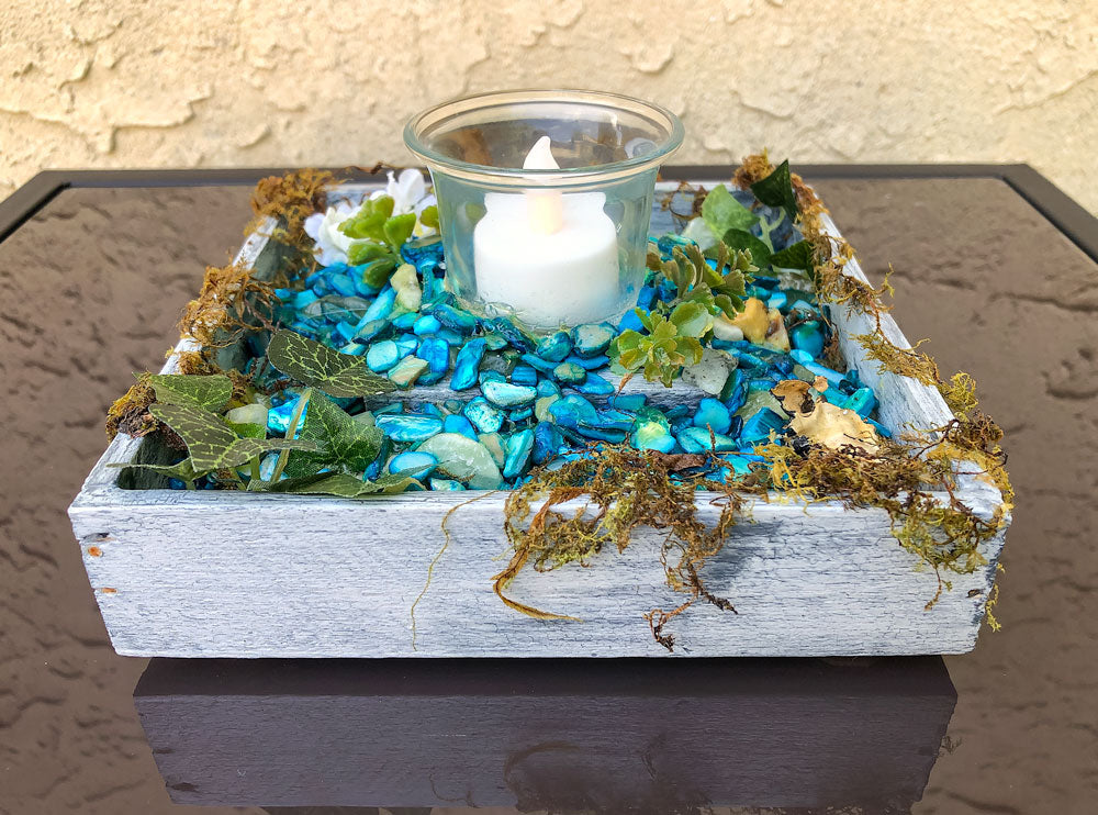 Handcrafted fairy pond with moss candleholder