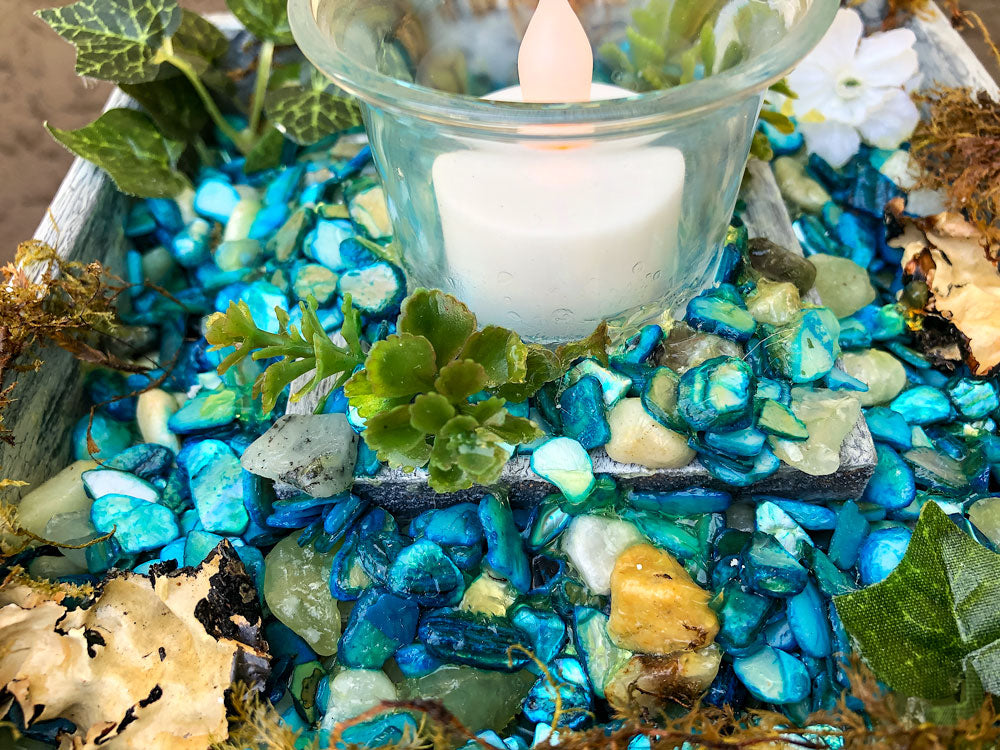 Handcrafted fairy pond with moss candleholder
