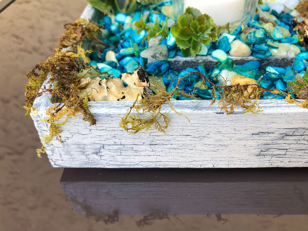 Handcrafted fairy pond with moss candleholder
