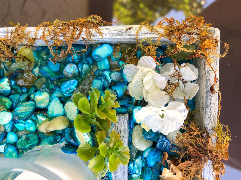 Handcrafted fairy pond with moss candleholder
