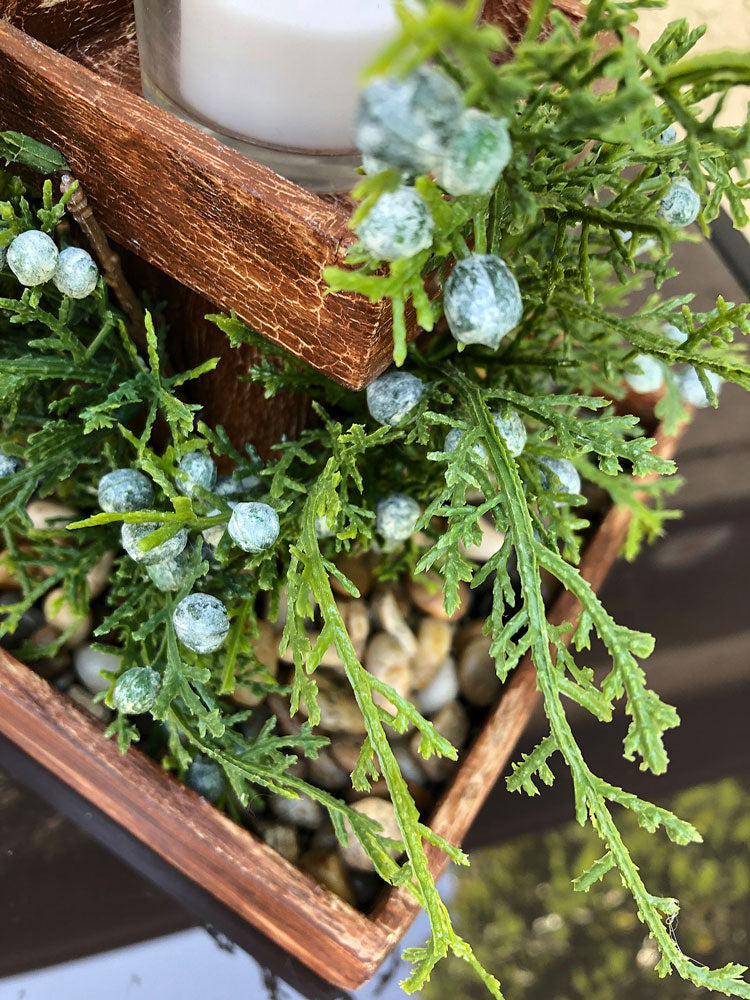 Faux juniper leaves and berries handcrafted wooden candleholder