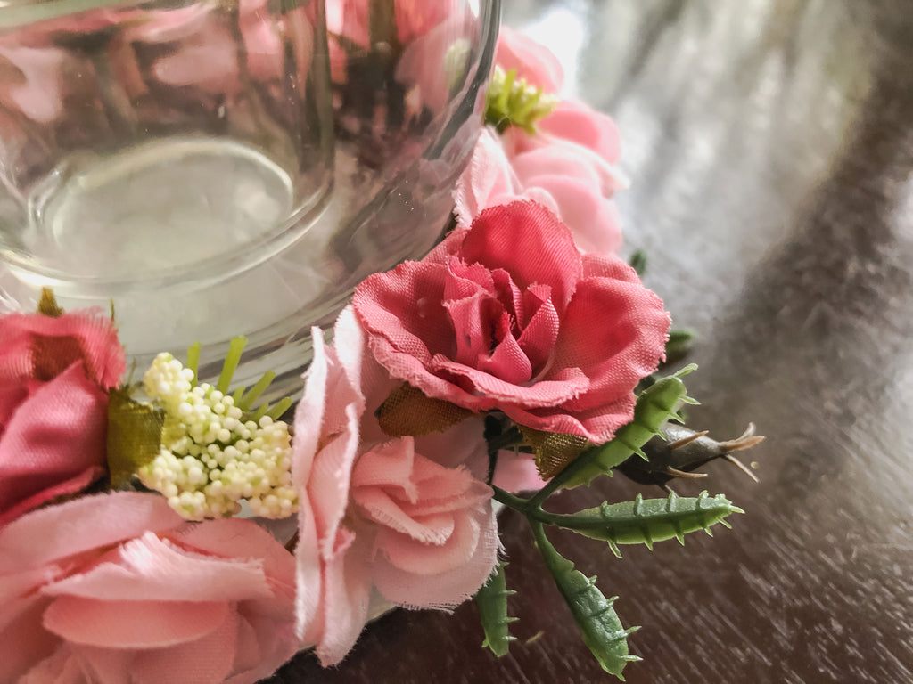 Votive candleholder with pink miniature rose faux floral ring
