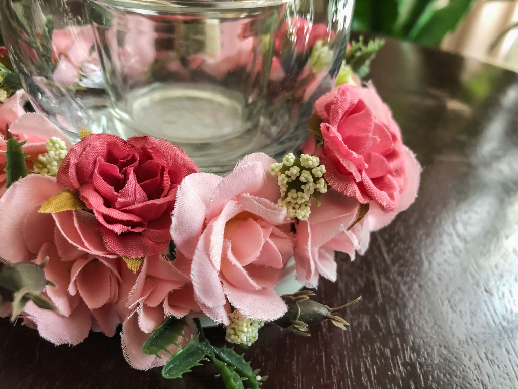 Votive candleholder with pink miniature rose faux floral ring