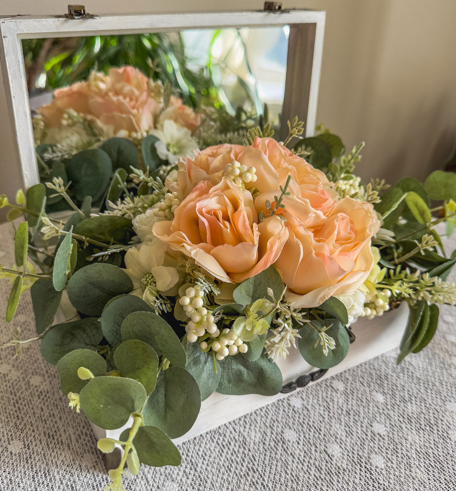 Fabric peach rose and succulent arrangement in a jewelry box