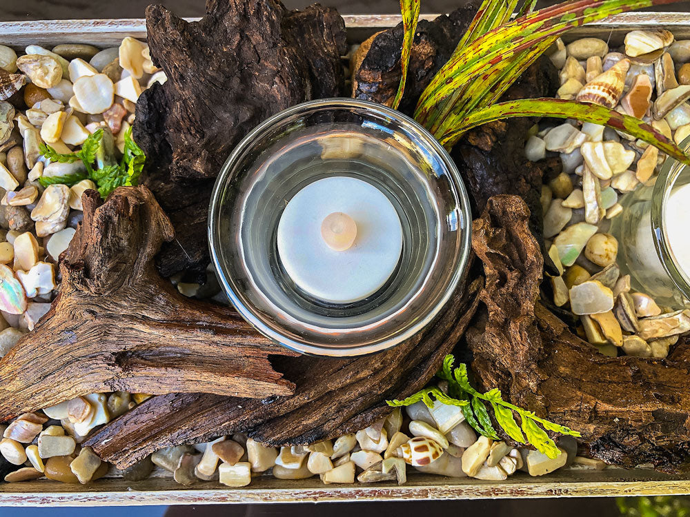 Votive candleholder with seashell-lined tray and driftwood