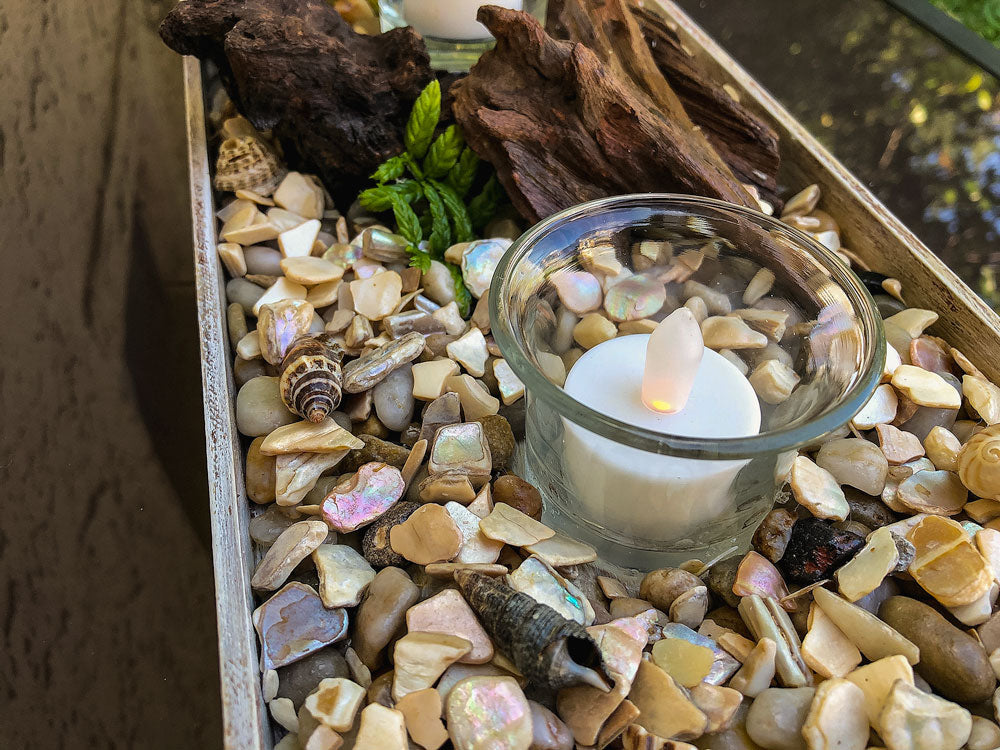 Votive candleholder with seashell-lined tray and driftwood
