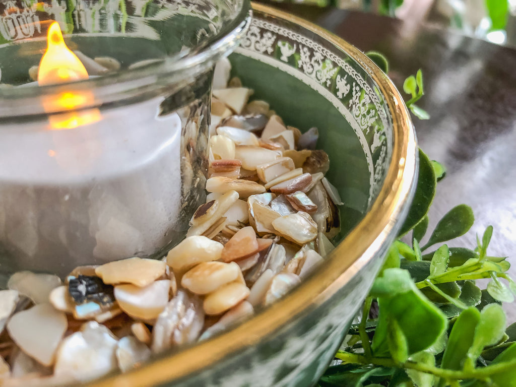 Votive candleholder with Greek glassware and faux boxwood