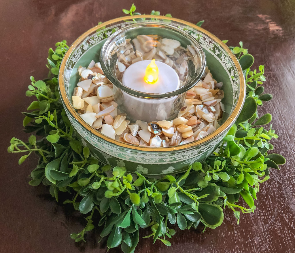 Votive candleholder with Greek glassware and faux boxwood