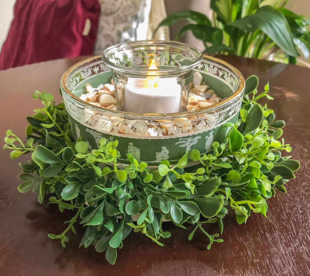 Votive candleholder with Greek glassware and faux boxwood