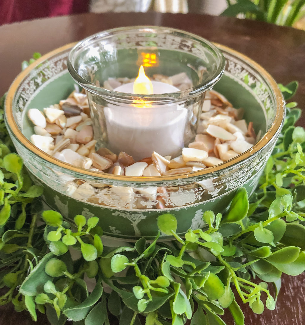 Votive candleholder with Greek glassware and faux boxwood