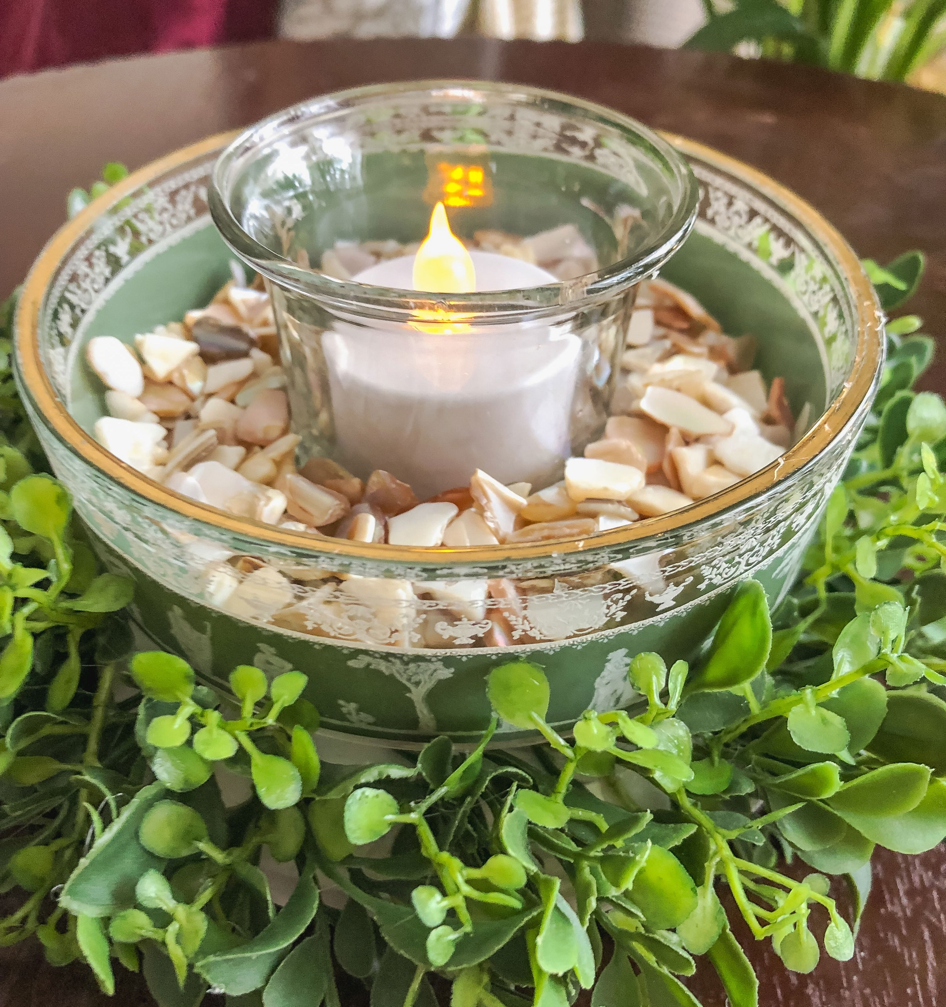 Votive candleholder with Greek glassware and faux boxwood