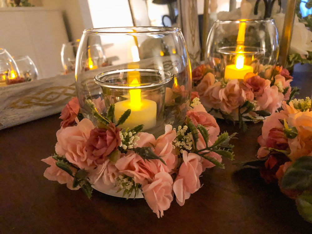 Votive candleholder with pink miniature rose faux floral ring