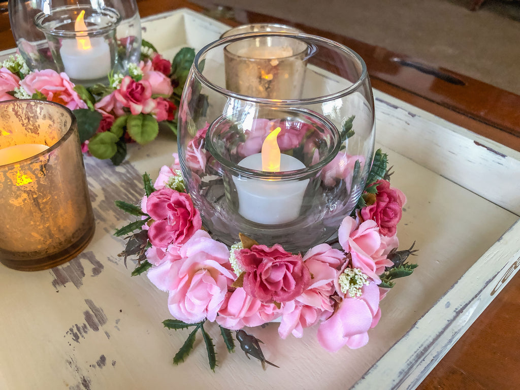 Votive candleholder with pink miniature rose faux floral ring