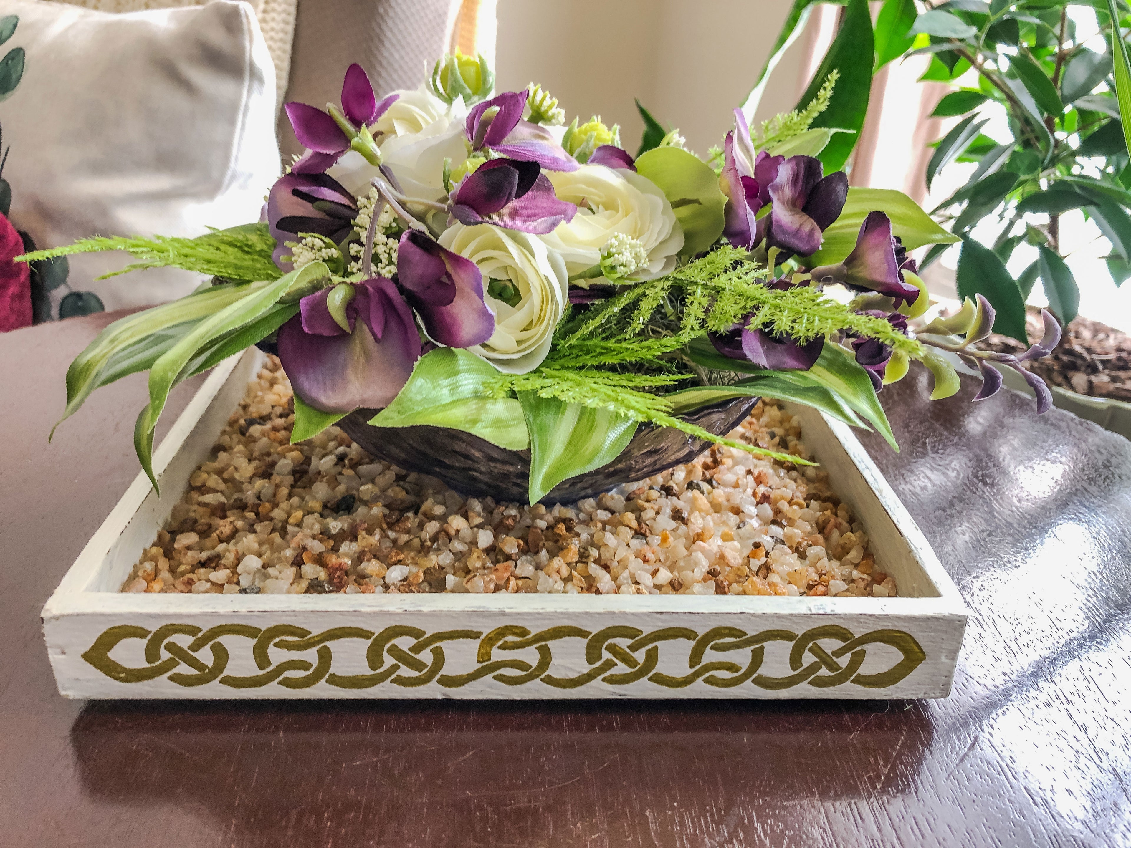 Fairy-inspired faux floral arrangement with purple wisteria