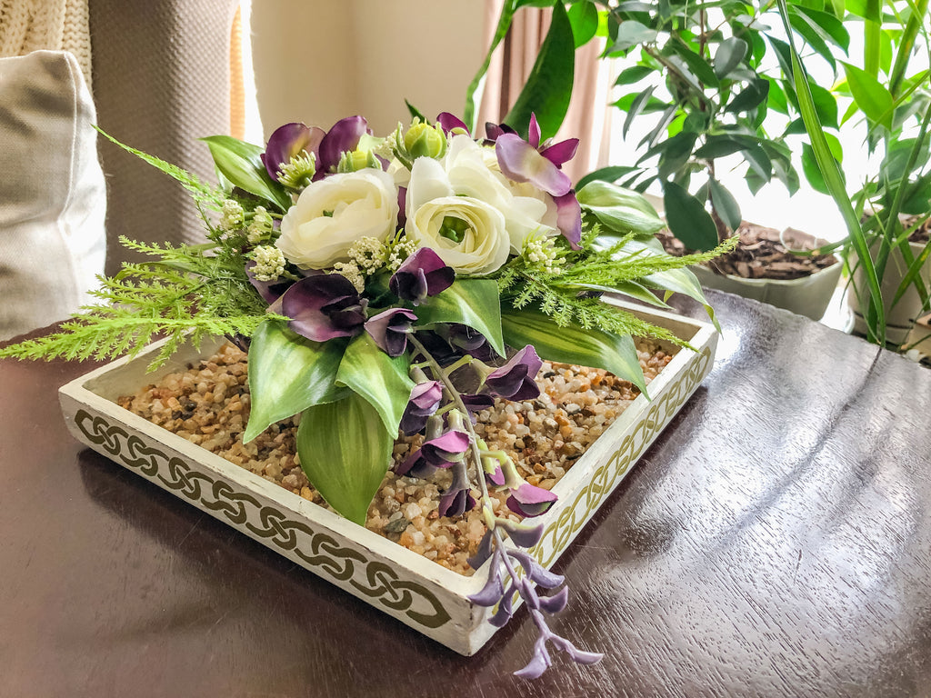 Fairy-inspired faux floral arrangement with purple wisteria