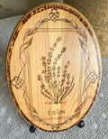 Small wood plaque with lavender and the word calm on a stand